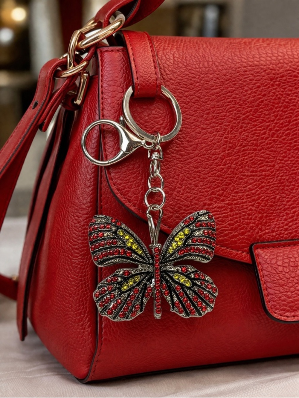 Crystal Butterfly Key & Card Holder - Red and Yellow Accent